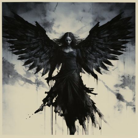 the dark angel of the void 3d poster by izodda is a monochromatic ink wash artwork. this emotional and intense piece features life-like avian illustrations that are pulled, scraped, and scratched. with a queencore aesthetic and strong use of negative space, this lithograph is a captivating and thought-provoking addition to any collection. ai generatedの素材