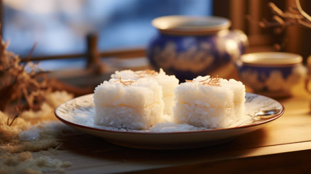 a white plate filled with coconut rice, showcasing the influence of japanese traditional art. captured using the canon ts-e 17mm f4l tilt-shift lens, the image exudes a soft and dreamy aesthetic. shot with the rollei prego 90, the photo features tonalist elements and a multi-layered composition, resulting in a distinctive visual appeal. ai generatedの素材