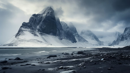 a photo of svalbard at sunrise, captured by ida bay, showcases the gothic dark and moody tones. the hyperrealistic landscapes and monochromatic paintings create an epic fantasy scene. the mountainous vistas appear dark and ominous, beautifully captured with the angenieux 45-90mm f2.8 lens. ai generatedの素材