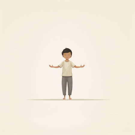 cartoon character in a zen minimalist style, wearing a shirt, poses with open hands. the soft, muted tones enhance the child-like innocence of the character. inspired by cambodian art, the flattened perspective and realistic figures create a unique visual appeal. the light white and light brown colors add to the overall soothing aesthetic. ai generatedの素材