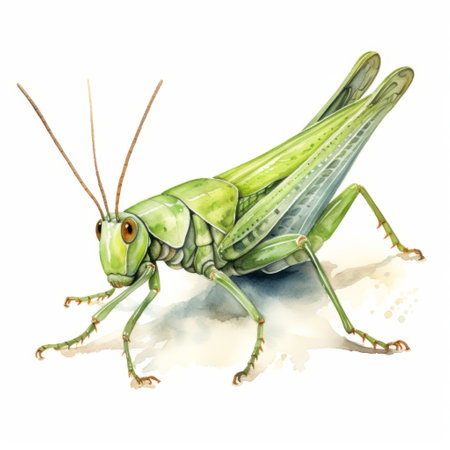 a white watercolor butterfly illustration of a grasshopper, in the style of iconic pop culture caricatures. this realistic portrayal showcases the artist's skillful usage of light and color, resulting in a captivating illustration. the vibrant hues of light green and dark amber bring the image to life, while paying homage to the renowned artist mars ravelo. this artwork is a stunning example of realistic animalの素材