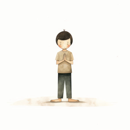a happy child cartoon illustration for kids, inspired by the styles of jon klassen, oriental minimalism, steve hanks, and thai art. the illustration showcases an androgynous child with intuitive gestures, reflecting the essence of faith-inspired art. ai generatedの素材
