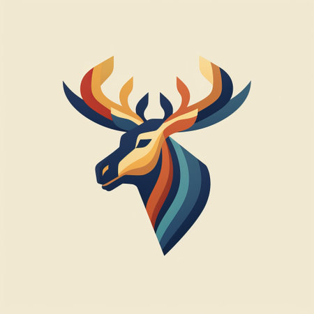 an abstract deer head with multifaceted coloring and abstract detail of natural elements. this artwork showcases a unique blend of multi-colored minimalism, color stripes, light brown and navy hues. it draws inspiration from vintage minimalism, isometric design, vintage graphic design, and classic tattoo motifs. ai generatedの素材