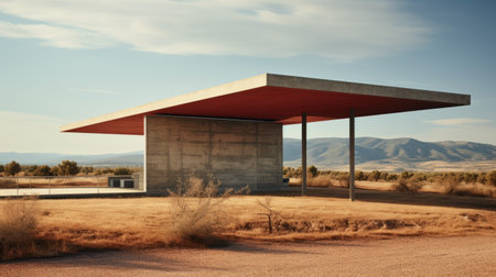 reimagined parking structure in old town arkansas by arthur gifford, inspired by the style of tadao ando. the structure features a dark beige and crimson color scheme, blending seamlessly with the australian landscape. the photograph captures the essence of desertwave and tabletop photography, reminiscent of scarlett hooft graafland's work. this sustainable design showcases gifford's innovative approach to urban architecture. ai generatedの素材