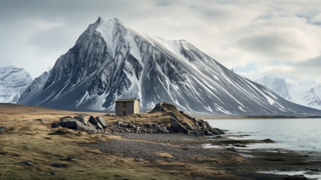 a lonely cabin stands amidst a picturesque snowy mountain landscape, with a winding road leading up to it. this stunning photo captures the beauty of nature and the solitude of the cabin. the detailed marine views of the danish golden age art style, combined with the post-apocalyptic backdrops, create a realistic hyper-detailed image reminiscent of national geographic photos. shot with a leica i camera, theの素材