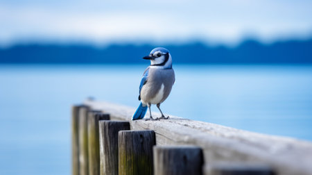small blue bird perched on a wooden railing overlooking a serene blue lake. the artwork showcases a precisionism influence with its light gray and dark blue color palette. the bird's emotive body language reflects the artistic style of the vancouver school, known for its majestic ports and exaggerated poses. the composition evokes a whimsical charm reminiscent of dr. seuss illustrations. ai generatedの素材