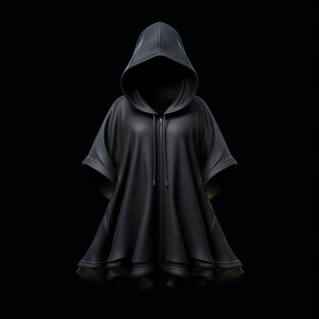 a black hooded coat, in the style of hyperrealistic fantasy, is showcased in this photo. the coat is isolated on a black background, creating a striking contrast. the charming character illustrations, digital airbrushing, and oversized objects add a unique touch to the overall composition. the coat is light gray and appears slumped and draped, giving it a neo-geo aesthetic. ai generatedの素材