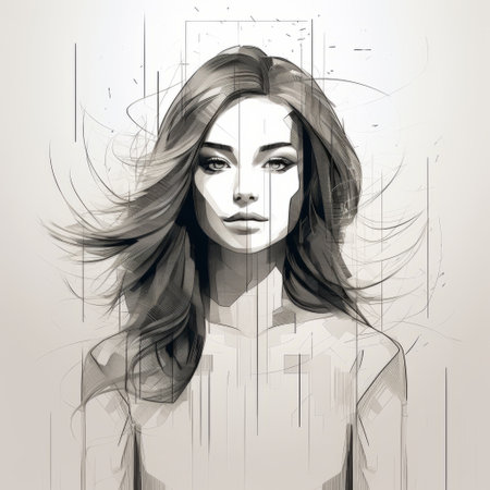 a stylized vector illustration of a woman's face, showcasing dynamic sketching and urban grittiness. the artwork features translucent layers and a powerful portrait, capturing the frontal perspective with hyper-realistic representation. ai generatedの素材