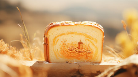 a piece of bread with a matte painting style, showcasing golden light and intricate carving. this artwork by rashad alakbarov incorporates iconographic motifs and a subtle play of light and shadow. the piece exudes a sense of monumentalism, capturing attention with its unique and captivating design. ai generatedの素材