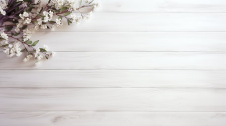 flowers and leaves beautifully arranged on a white wood board, offering ample copy space. this stunning photo showcases subtle tonal gradations and a vintage aesthetic. with its cherry blossoms, dark white background, and striped arrangements, it creates a captivating visual narrative. perfect for high-resolution displays, this 32k uhd image features exquisite details and narrative paneling. ai generatedの素材