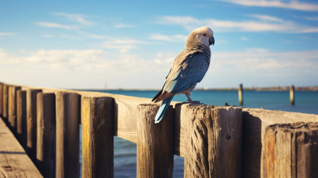 a large blue bird perches on a wooden post in the sandy coastal landscape. the majestic bird stands out against the backdrop of dark silver and light magenta hues. the soft-focus portrait captures the beauty of the bird in a petcore style. this grid-based, commercial imagery evokes a sense of tranquility and is reminiscent of caninecore aesthetics. ai generatedの素材