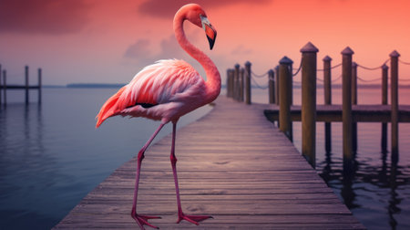 a pink flamingo gracefully stands on an old dock, surrounded by a richly colored sky. this photorealistic rendering captures the bold chromaticity of the scene, with hues of light red and light navy. the exotic ambiance is enhanced by the flickering light, creating a breathtakingly beautiful composition. ai generatedの素材