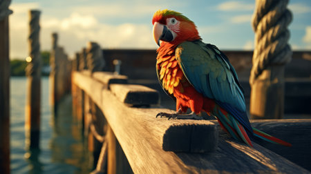 colorful parrot perched on a wooden railing, basking in the sun. rendered in the style of unreal engine with post-processing effects. the parrot's vibrant feathers showcase shades of light red and dark aquamarine, complemented by hints of light navy and amber. this captivating image captures the enigmatic tropics, offering a creative commons attribution and evoking a sense of relational aesthetics. ai generatedの素材