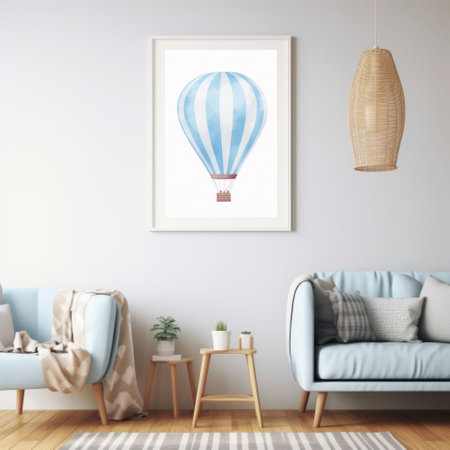 a blue living room featuring a blue sofa and a captivating blue hot air balloon print. the room is designed with a white background, showcasing photorealistic details. the light pink and brown striped bentwood furniture adds a touch of elegance. this high-quality photo captures the essence of scientific illustrations. ai generatedの素材
