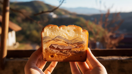 a person holds up a piece of bread showcasing a small scene inside. this unique artwork combines elements of mountainous vistas, realistic anamorphic art, onii kei fashion, and handcrafted beauty. the intricate details are hand-painted, capturing a sense of suburban ennui. the photograph is taken using fujifilm eterna 400t type 8673 film, adding a touch of vintage charm. ai generatedの素材