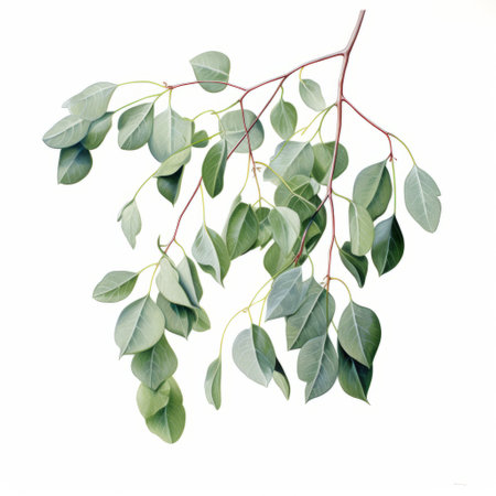 eucalina jutta, a photorealistic painting of a eucalyptus, showcases delicate paper cutouts against a white background. the artwork captures the vibrant hues of light green and dark gray, complemented by hints of light maroon and light green. this piece combines the traditional techniques of oil painting with the realistic qualities of watercolor. ai generatedの素材