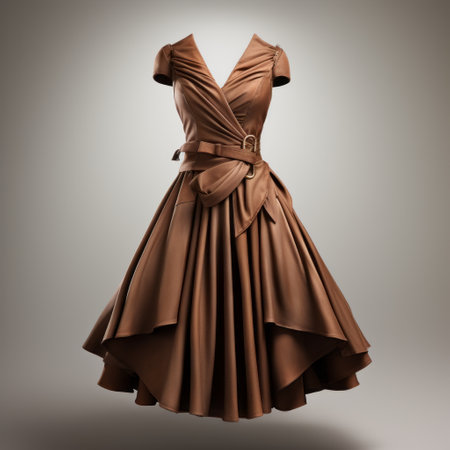 a blue or brown dress with a sash adornment clings gracefully, showcasing the unique style of cinema4d rendering. the dress exudes a dieselpunk vibe with its creased texture and monochromatic shadows. inspired by industrial and product design, this creation by patrick brown seamlessly blends elements of mid-century modern design. ai generatedの素材