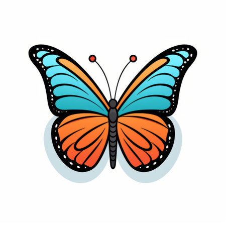 a butterfly icon vector in a flat design style, featuring a combination of light blue and orange colors. this colorful caricature showcases classic tattoo motifs with high resolution and eye-catching compositions. created by tanya shatseva, the precisionist lines add a unique touch to this vibrant and captivating artwork. ai generatedの素材