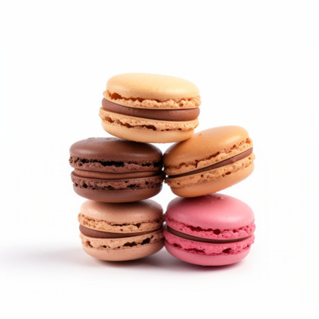 five macarons in various colors, including dark pink, brown, light beige, and dark amber, are beautifully arranged on a white background. this visually appealing composition showcases the artistry of renowned designers ron arad and philippe buchet, as well as the precise craftsmanship of the konica big mini camera used to capture the image. the iso 200 setting ensures exceptional clarity and detail. ai generatedの素材