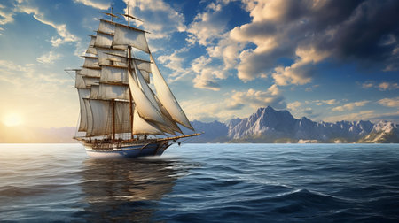 a sailing ship gracefully glides across the ocean at sunset, captured in a photo-realistic landscape style. this 32k uhd image by thomas wrede showcases highly detailed illustrations, including realistic blue skies and intricate background elements. georg jensen's expertise is evident in the meticulous attention to detail throughout the composition. ai generatedの素材