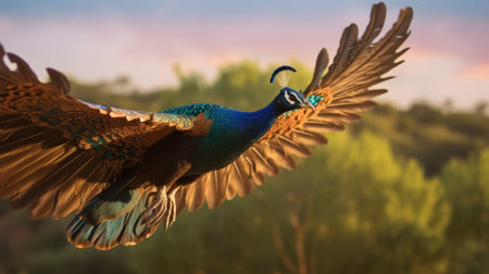 a peacock gracefully soars through the clouds in the sky, showcasing the beauty of nature. this hyperrealistic animal portrait, rendered in unreal engine, combines the artistic styles of vray tracing, mikalojus konstantinas ciurlionis, and mughal art. the captivating backlight adds an ethereal touch to this stunning image. ai generatedの素材