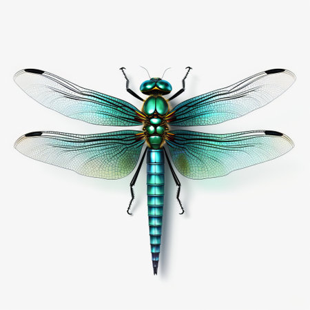 a green dragonfly, reminiscent of carl kleiner's style, is captured on a white background. the image showcases a dark turquoise and light silver color palette, similar to the works of jonathan wolstenholme. digitally enhanced, the dragonfly exhibits a hyperrealistic quality, reminiscent of dino valls' murals. the composition is further enhanced by a captivating color gradient. ai generatedの素材