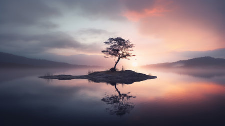 a tree stands tall in a serene lake on a misty day, surrounded by a soft and dreamy atmosphere. the norwegian nature provides a spectacular backdrop with its light orange and dark magenta hues. captured with a canon eos 5d mark iv, this backlit photography showcases the beauty of nature, making it a perfect inspiration for nature-inspired art. ai generatedの素材