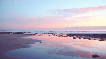 a lagoon at dusk, with soft and dreamy pastel hues, reflects in the calm water. the naturalistic ocean waves create a serene atmosphere. the light sky-blue and pink colors add to the dreamy and romantic composition of this australian landscape, reminiscent of traditional british landscapes. this captivating image can be found on flickr. ai generatedの素材