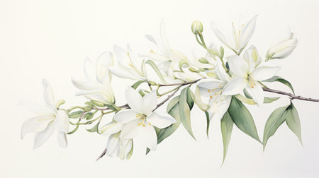 a watercolor painting of white flowers on a white background, showcasing lifelike renderings and symmetrical asymmetry. this artwork embodies the styles of australian tonalism, hurufiyya, and photorealistic wildlife art. the intertwining materials and elaborate borders add depth and intricacy to the composition. ai generatedの素材