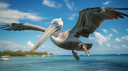 a large pelican gracefully soars over the water's edge, against a backdrop of vivid blue skies. this realistic photo captures the pelican's strong facial expression and showcases the use of vray tracing and softbox lighting techniques. the tropical baroque setting adds a touch of exotic beauty to the image, with a color palette featuring light brown and light blue hues. ai generatedの素材