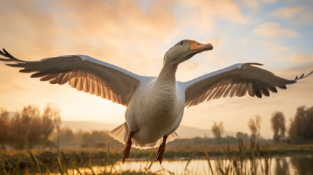 a goose gracefully soars through the morning summer sun, its wings outstretched against a backdrop of water. captured with the zeiss batis 18mm f2.8 lens, this image showcases vibrant colors and a soft, dreamy atmosphere. the composition is free-associative, reminiscent of wimmelbilder, while the use of focus stacking adds a scientific approach to the photograph. ai generatedの素材