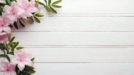 pink flowers are delicately arranged on a wooden plank, creating a charming display. the vintage minimalism style is enhanced by the presence of two trees in the background. the color palette consists of light white and light bronze, adding a touch of elegance. the composition showcases classical architectural details, while incorporating elements of deconstructed minimalism. horizontal stripes and intertwining materials further enhance the visual appeal,の素材