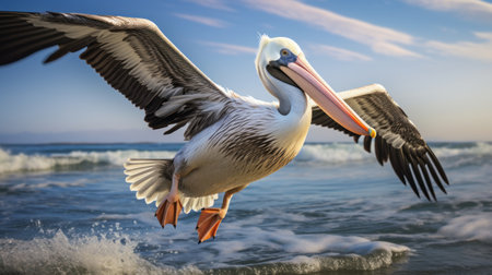 a pelican gracefully glides through the water in this realistic and hyper-detailed rendering. the post-processing enhances the lively seascape, capturing the vibrant and airy scenes of coastal and harbor views. the use of unreal engine 5 brings out the light pink and orange hues, creating a visually stunning composition. ai generatedの素材
