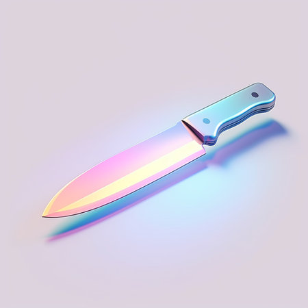 a rainbow colored knife rests on a sleek gray background, showcasing its luminous 3d design. with a glossy finish in light pink and azure, this knife exudes an aestheticized violence. the sleek metallic texture and high-key lighting create a striking visual, enhanced by subtle chiaroscuro effects. ai generatedの素材