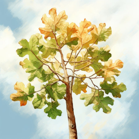 an autumn-themed digital illustration showcasing a majestic oak tree adorned in vibrant shades. the artwork features a realistic blue sky backdrop, with meticulously detailed flora and fauna, including intricate leaf patterns. the style of the painting resembles a nature morte, reminiscent of a captivating storybook illustration. ai generatedの素材