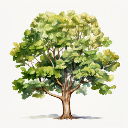 a watercolor illustration of a tree, isolated on a white background. this highly detailed and realistic painting showcases the play of light and shadow, with a color palette of light green and dark beige. the tree illustration is in the style of a graphic and storybook illustration, making it a versatile and captivating stock photo in png format. ai generatedの素材
