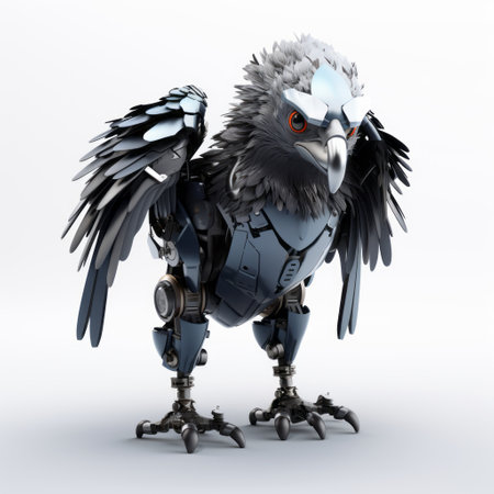 robotic bird with wings held up, rendered in 3d with eye-catching dark gray details. this manticore-inspired creation showcases the precision of computer-aided manufacturing, featuring a chrome-plated finish. the realistic lifelike figure is a testament to the advanced technology powered by intel core. ai generatedの素材