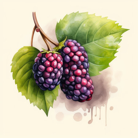 fresh blackberries and leaves are depicted in this isolated watercolor illustration. the digital artwork is created in the style of dark magenta and light cyan, giving an illusion of three-dimensionality. the charming character illustrations showcase detailed attention and a free brushwork technique, reminiscent of hyper-realistic oil paintings and the artistic style of hurufiyya. ai generatedの素材