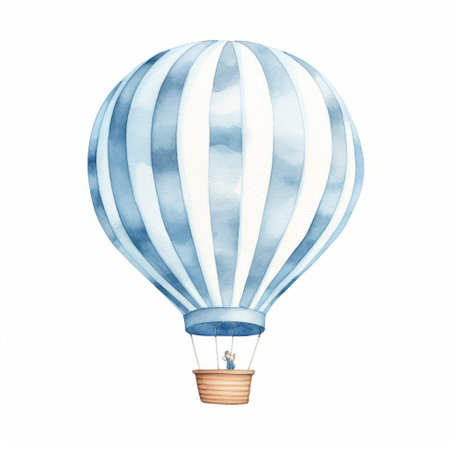 a whimsical watercolor illustration of a person flying a hot air balloon. the portrait features childlike figures in striped, light blue and white colors. the soft-edged, editorial style adds a touch of charm to the light indigo and bronze tones. ai generatedの素材
