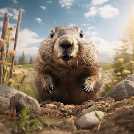 groundhog standing on the ground near trees, surrounded by a grassy landscape. this playful and fun adventure-themed photo showcases explosive pigmentation. the vibrant colors and joyful atmosphere make it a beautiful and optimistic visual experience. rtx on. ai generatedの素材
