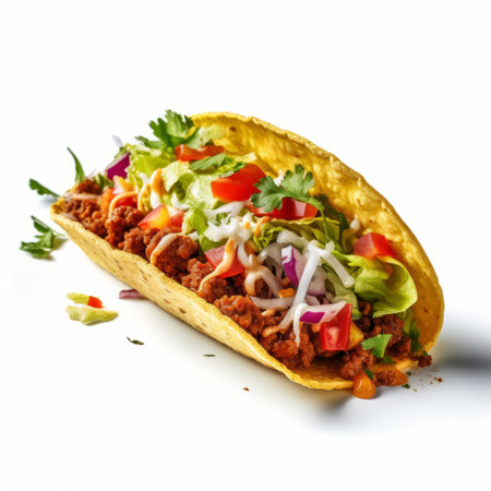 the taco, in 8k resolution, features a delicious combination of meat and vegetables. softbox lighting enhances its vibrant colors and textures. the smooth and curved lines of the taco create an appealing visual appeal. post-processing techniques add depth and richness to the image. this photo embodies the unique style of caninecore, with layered fibers and a touch of neue sachlichkeit. ai generatedの素材