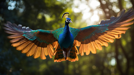 peacock flying in the sky during sunset, showcasing vibrant use of light and shadow. this stunning uhd image by mike campau captures the beauty of nature and the graceful movement of animals. the peacock's vivid green and blue feathers create a mesmerizing spectacle against the colorful sky. ai generatedの素材