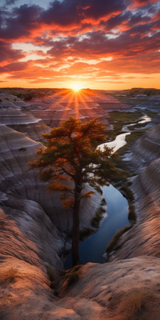 a lone tree stands illuminated in the vast desert landscape, reminiscent of romantic riverscapes. this national geographic photo, inspired by the styles of hayao miyazaki and matti suuronen, beautifully captures the essence of nature. evgeni gordiets skillfully portrays the tree in a mesmerizing rim light, creating a captivating visual experience. ai generatedの素材