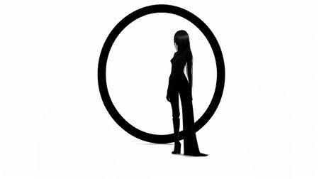 a person is depicted in an eq circle in this official character image png. the image showcases a conceptual minimalist sculpture style, reminiscent of victoria goth and mori kei fashion. shot on 70mm film with a backlight, this image celebrates women artists and features the olympus af-1, also known as olympus infinity. ai generatedの素材