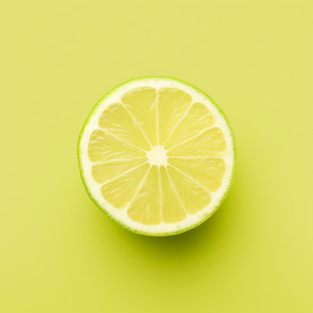 a top view of a lemon slice, captured in the style of mike campau, showcases its bold chromaticity and monochromatic harmony. the green slice stands out against the soft-focus background, reminiscent of dan witz's monochromatic graphic design. ai generatedの素材