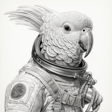 a bird wearing uniforms in a space age style is depicted in this detailed monochrome portrait. the hyper-realistic animal illustration, reminiscent of national geographic photos, showcases intricate linework. this contemporary latin american art piece is captured in high resolution, highlighting the stunning details of the bird's attire and features. ai generatedの素材