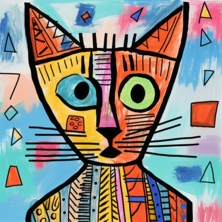 a cat portrait in vibrant acrylic colors, inspired by cubist abstractions and the styles of pablo picasso, aztec art, patrick kelly, and child's drawings. this royalty-free illustration showcases a graphic and symmetrical design, capturing the essence of various artistic influences. ai generatedの素材