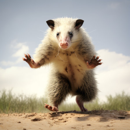 a skinny possum lies in the dirt, its feet pointed up. this national geographic photo captures the energetic expressions of the possum, rendered in the style of cinema4d. with jump cuts and spontaneous gestures, the possum's white and pink fur stands out against the backdrop of the cloudcore. ai generatedの素材