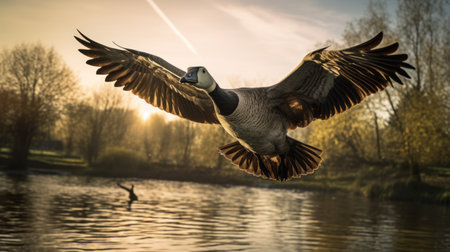 a canada goose gracefully soars through the sky above a serene lake, captured in the artistic style of matthias haker. this close-up photograph by magali villeneuve showcases a realistic portrayal of light and shadow, while elizabeth gadd's dynamic and energetic composition adds to the overall impact. shot on fujifilm pro 800z, this image beautifully captures the essence of nature in motion. ai generatedの素材