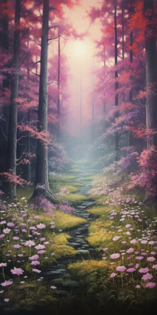 purple forest art wallpaper for desktop featuring a pink forest print with abstract design. this digital printing is inspired by the styles of mark keathley, lucy grossmith, and kevin hill. the soft brushstroke realism creates intricate and delicate flower and garden paintings. the combination of light pink and dark amber tones gives an eerily realistic feel to the artwork. ai generatedの素材